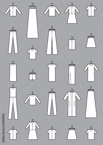 Clothing icons set . Set of clothing icons in black and white on gray background.