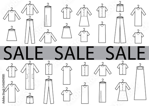 Clothing icons set with sale words. Set of clothing icons in black and white.