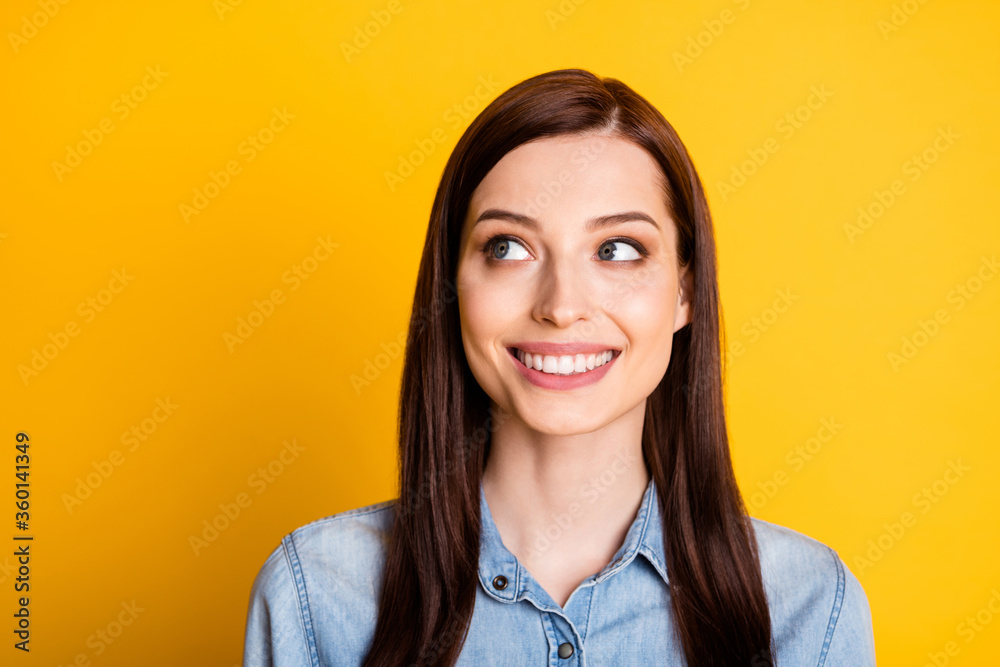 Portrait of minded nice girl look copyspace imagine summer weekend plans wear denim jeans outfit isolated vivid color background Portrait of minded nice girl look copyspace imagine summer weekend plans wear denim jeans outfit isolated vivid color background