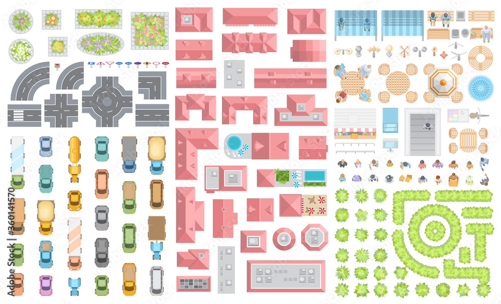 Set of landscape elements. Houses, architectural elements, furniture, plants. Top view. Road, cars, people, furniture, houses, flowerbed. View from above. 