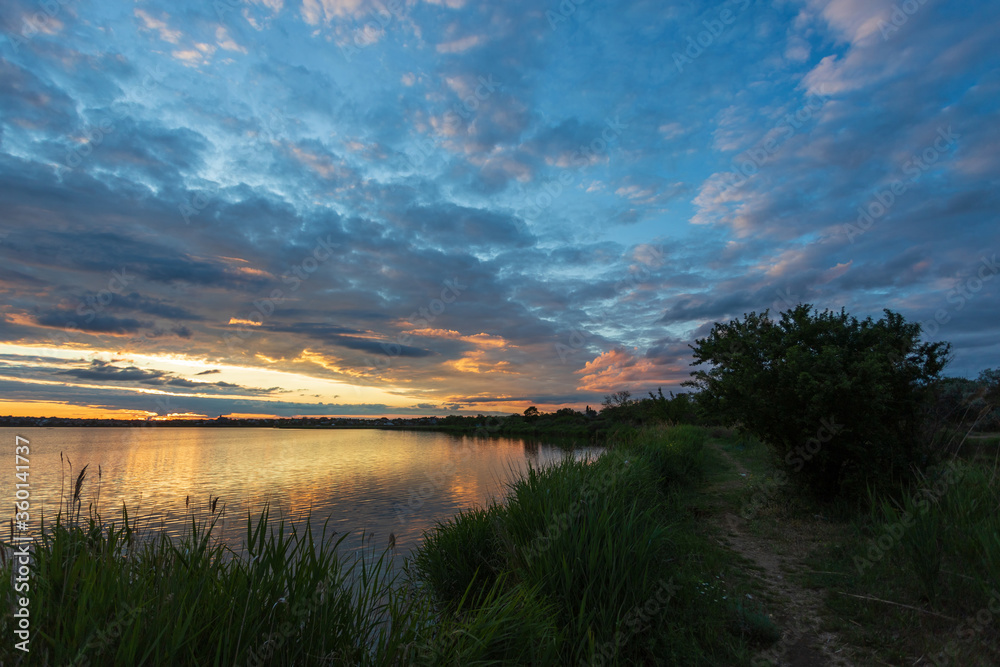Sunset on the lake, with a path along the shore, a tree by the water and reeds in the foreground
