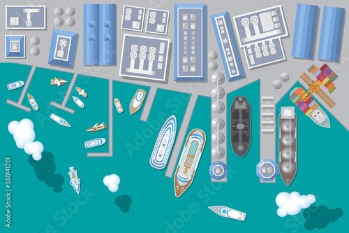 Vector illustration. Port with ships. Top view. Seaport, cargo and passenger ships, warehouses, sea, clouds. View from above. 