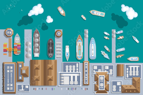 Vector illustration. Port with ships. Top view. Seaport, cargo and passenger ships, warehouses, sea, clouds. View from above. 