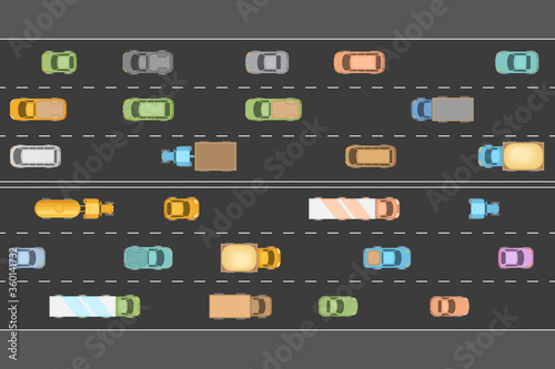 Traffic jam. Top view. The road with various vehicles in traffic.  View from above.