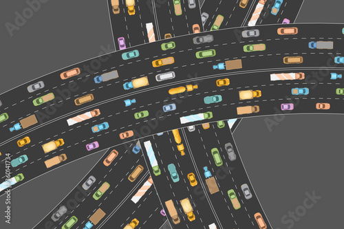 Traffic jam. Top view.  The road and overpass with cars in traffic. View from above.