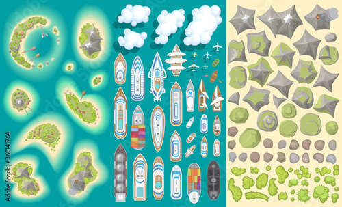 Vector set. Summer vacation. Tropical islands and ships. (top view) Time to travel - sun, sea, island, sand, yacht, airplane, clouds. (view from above)