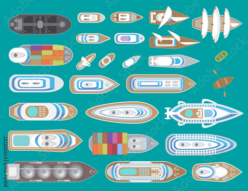 Various ships and boats. (top view) Yachts, sailboats, liners, tankers. (view from above)