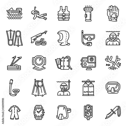 Snorkeling equipment icons set. Outline set of snorkeling equipment vector icons for web design isolated on white background