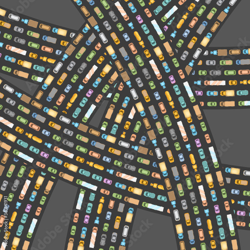 Traffic jam. Top view.  The road and overpass with cars in traffic. View from above.