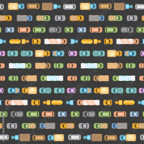 Seamless pattern. Traffic jam. Top view. The road with various vehicles in traffic. View from above.
