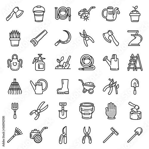 Gardening tools icons set. Outline set of gardening tools vector icons for web design isolated on white background