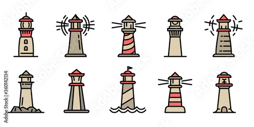 Lighthouse icons set. Outline set of lighthouse vector icons for web design isolated on white background