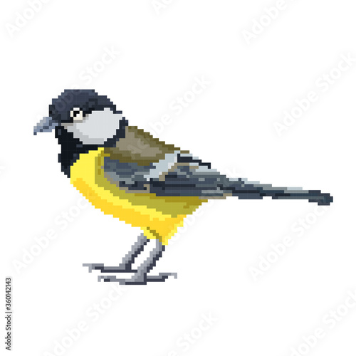 8 bit pixel bird tit on a branch. vector illustration on a white background