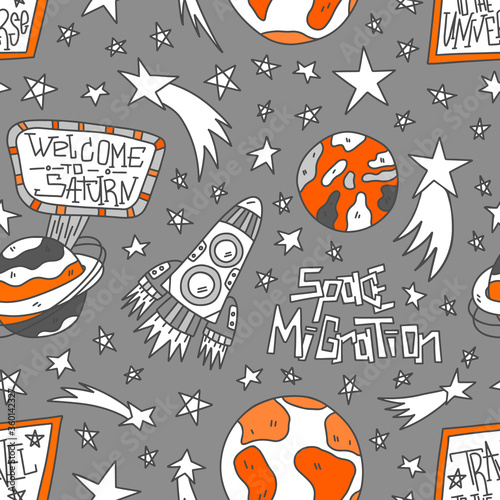 Cartoon space seamless pattern vector illustration. Doodle style planets Saturn, Earth, Mars. Hand drawn lettering with stars and shuttle. For child textile and wallpaper. Galaxy web background