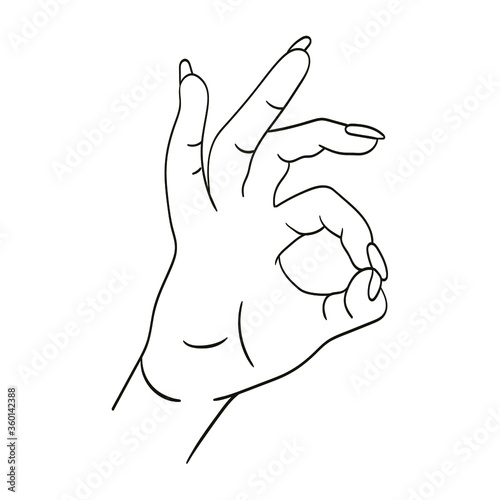 Single line drawing of hand showing OK sight. Fingers showing symbol of a great state. Hand gesture logo concept graphic art design isolated on white background. Vector illustration, Hands okay