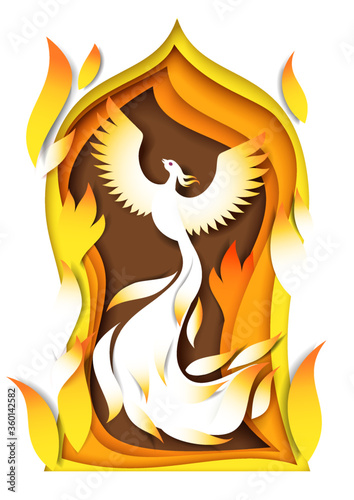 Vector layered paper cut style fairytale composition. Firebird, magical and prophetic bird, Russian fairy tales and Slavic mythology character. Beautiful fairytale scene in white yellow orange colors.