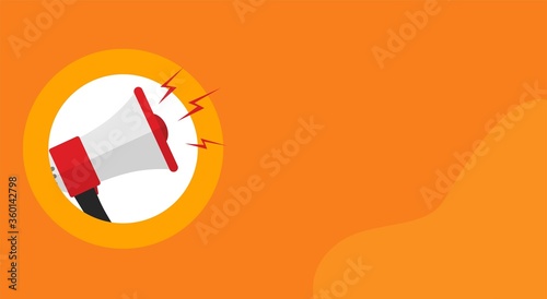 Megaphone loud speaker attention important information message banner or loudspeaker caution alert notice announcement warning concept vector flat cartoon, breaking news advertisement template