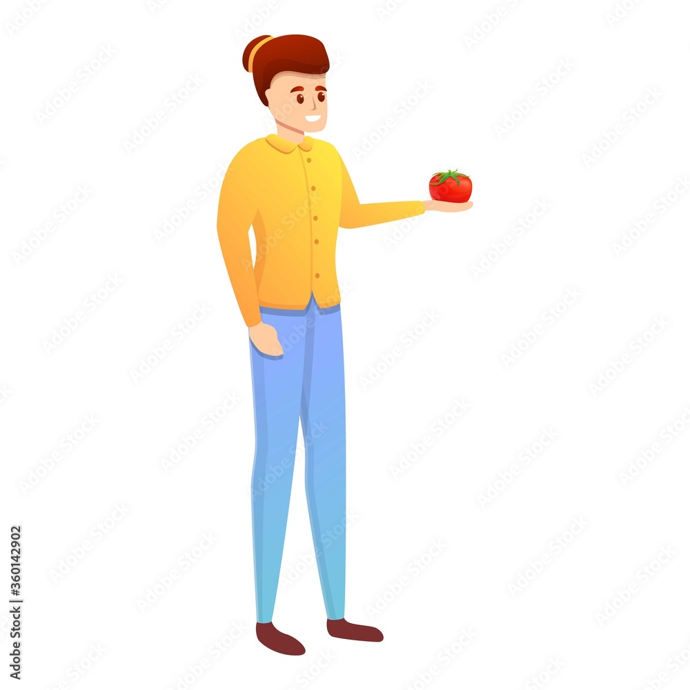 Woman take fresh eco tomato icon. Cartoon of woman take fresh eco tomato vector icon for web design isolated on white background
