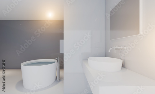 Spacious bathroom in gray tones with heated floors  freestanding tub. 3D rendering.. Sunset.