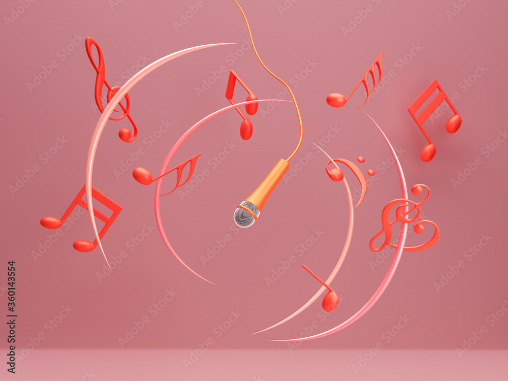 3d illustration microphone and music notes floating. 3d illustration microphone and music notes floating.