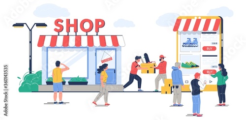 Offline to online commerce vector concept flat style design illustration. O2O retail and electronic commerce business strategy. Potential in-store customers making purchases online.
