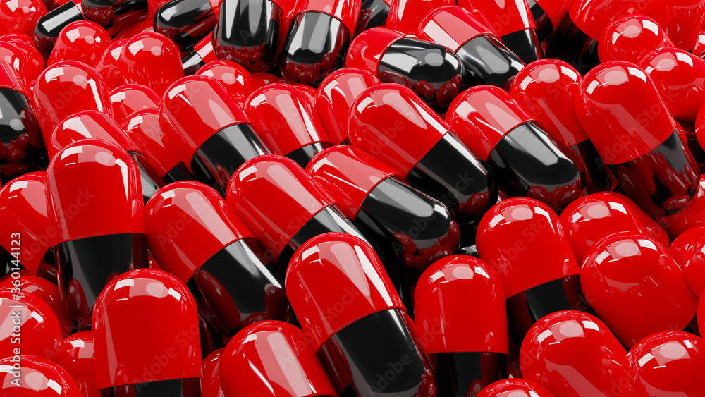 Closed up of many capsule pills (red and black capsule). Background of realistic medical. Great medical or pharmaceutical. Drugs for treatment medication. 3D rendering