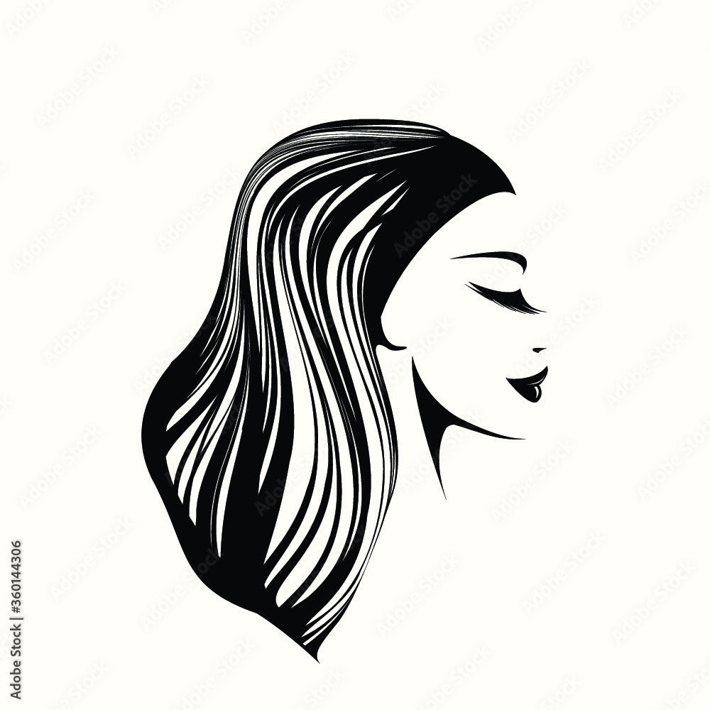 Beauty salon and hair studio logo.Wavy hairstyle and elegant makeup illustration.Beautiful woman portrait.Profile view face.Cosmetics and spa icon.Long eyelashes. Beauty salon and hair studio logo.Wavy hairstyle and elegant makeup illustration.Beautiful woman portrait.Profile view face.Cosmetics and spa icon.Long eyelashes.