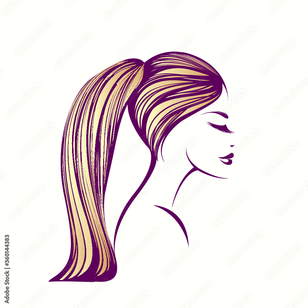 Beauty salon and hair studio logo.Ponytail hairstyle and elegant makeup illustration.Beautiful woman portrait.Profile view face.Cosmetics and spa icon.Long eyelashes.Closed eyes.