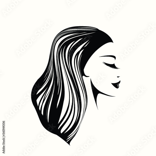 Beauty salon and hair studio logo.Wavy hairstyle and elegant makeup illustration.Beautiful woman portrait.Profile view face.Cosmetics and spa icon.Long eyelashes.