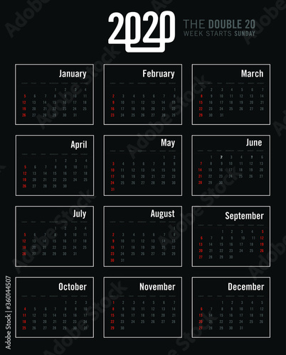 Colorful Year 2020 calendar horizontal vector design template.