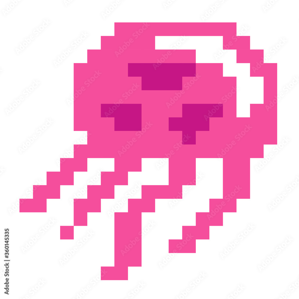 8 bit Pixel Jellyfish image. Animal in Vector Illustration of pixel art.
