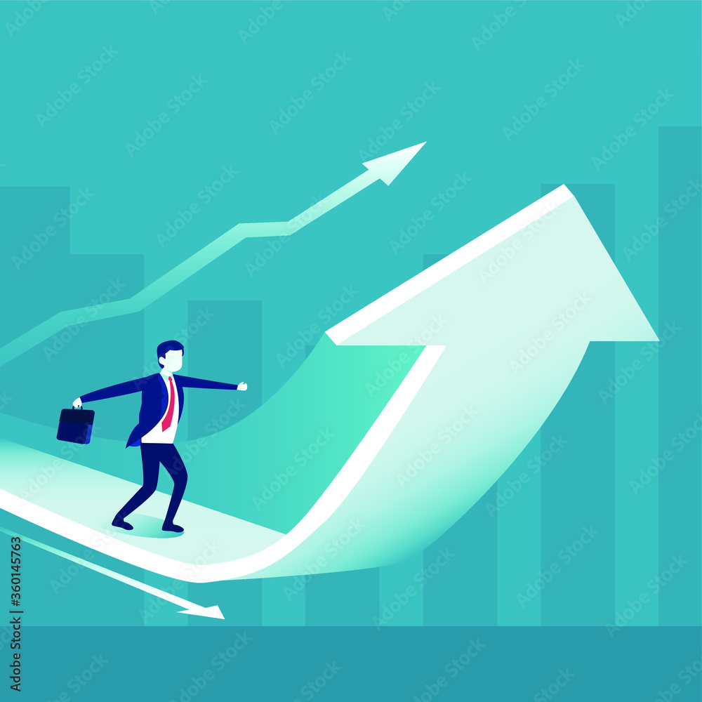 Business success vector concept: Businessman balancing himself while standing on an upward chart Business success vector concept: Businessman balancing himself while standing on an upward chart