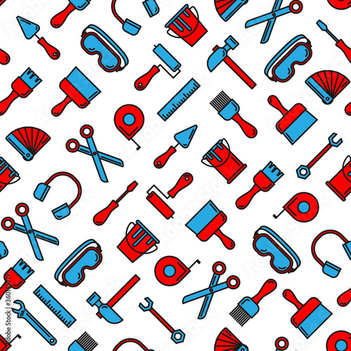 Seamless outline pattern with working tools for construction building and home repair icons. Vector illustration. Elements for design. Hand work tools collection. Graphic texture for design, wallpaper