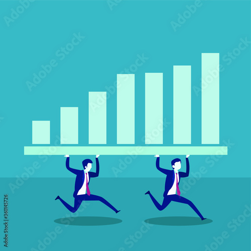 Business growth vector concept  two businessmen running while lifting the increasing business chart