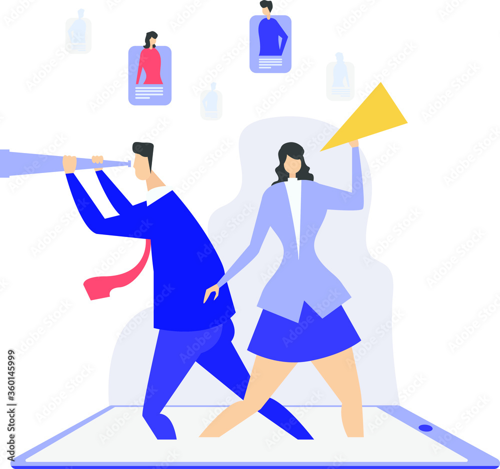 Job vacancy vector concept: business people looking for new employees with telescope and megaphone