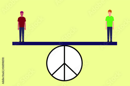 Equality vector concept: two multiracial men standing well balanced on each seesaw edges