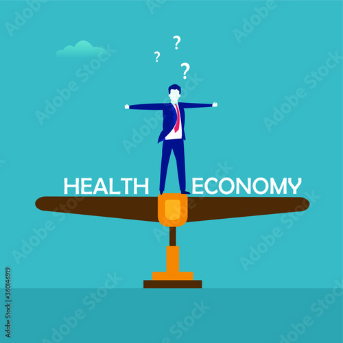 Choosing health or economy vector concept: businessman standing on the seesaw between "Health" and "Economy" text 