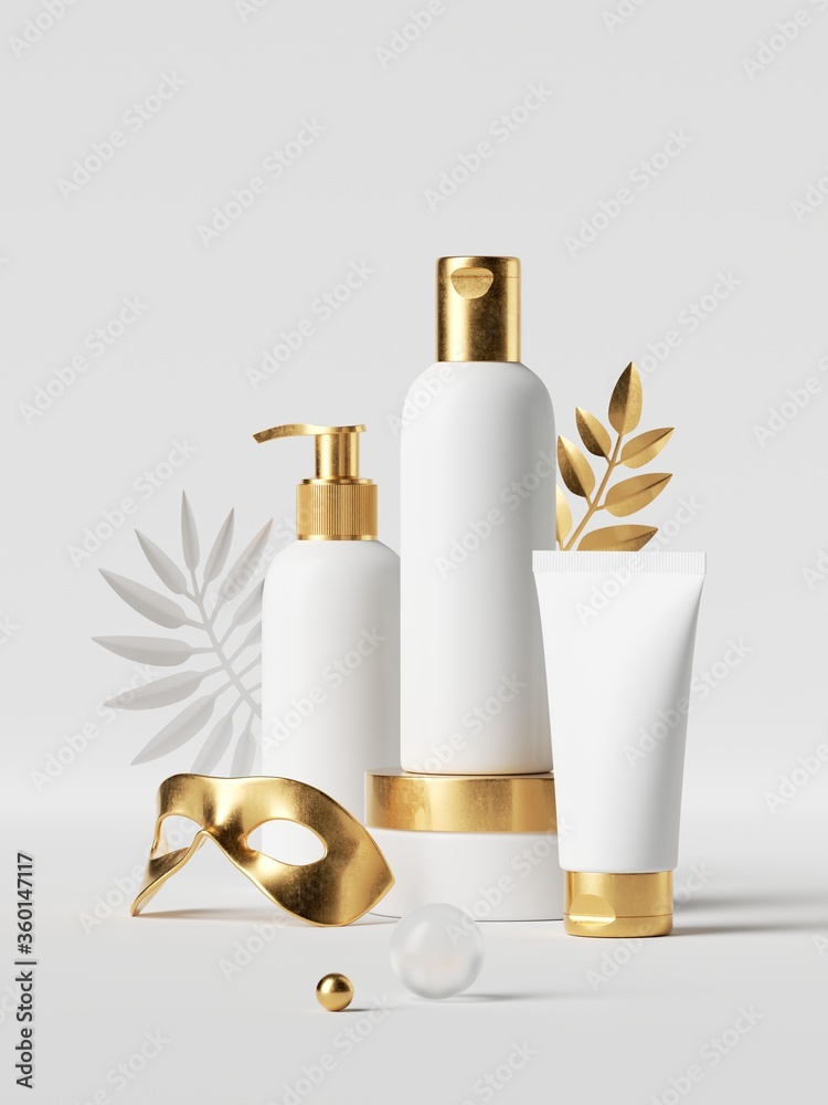 3d render, white cosmetic bottles with golden caps, tropical leaf and mask. Premium design beauty products set. Clean style blank package mockup, commercial showcase 3d render, white cosmetic bottles with golden caps, tropical leaf and mask. Premium design beauty products set. Clean style blank package mockup, commercial showcase