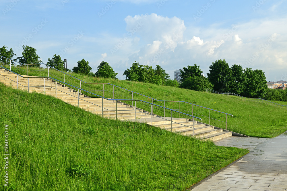 Staircase in empty landscape park. Moscow, Russia