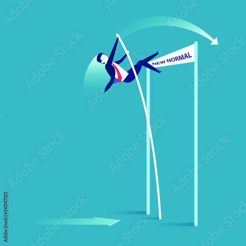 New Normal vector concept: businessman doing pole vault over the New Normal banner