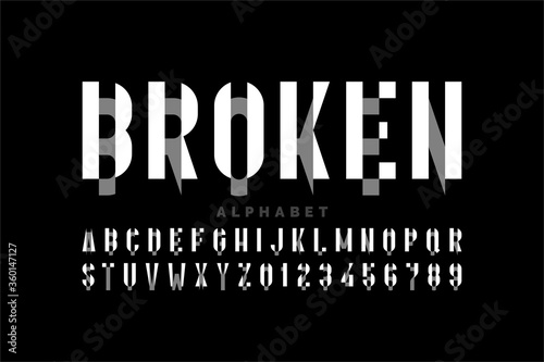Broken style modern font, alphabet letters and numbers