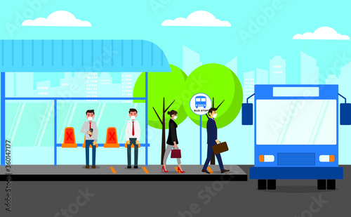 New Normal vector concept: business people waiting for the bus coming applying physical distancing to avoid covid-19