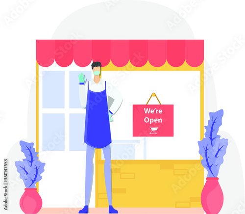 Business reopening vector concept: Business owner welcoming customers in front of his store