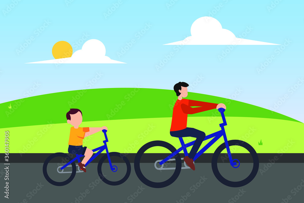 Fototapeta premium Father's Day vector concept: father riding bicycle with his son at the green hills field