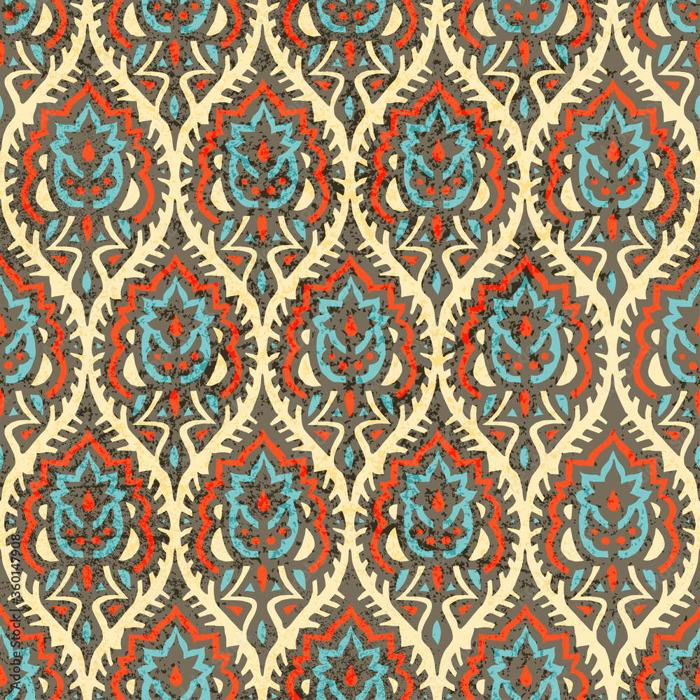 Ogee seamless pattern. Bohemian wavy print for textiles. Red, gray, blue and beige colors. Grunge texture. Vector illustration. Ogee seamless pattern. Bohemian wavy print for textiles. Red, gray, blue and beige colors. Grunge texture. Vector illustration.