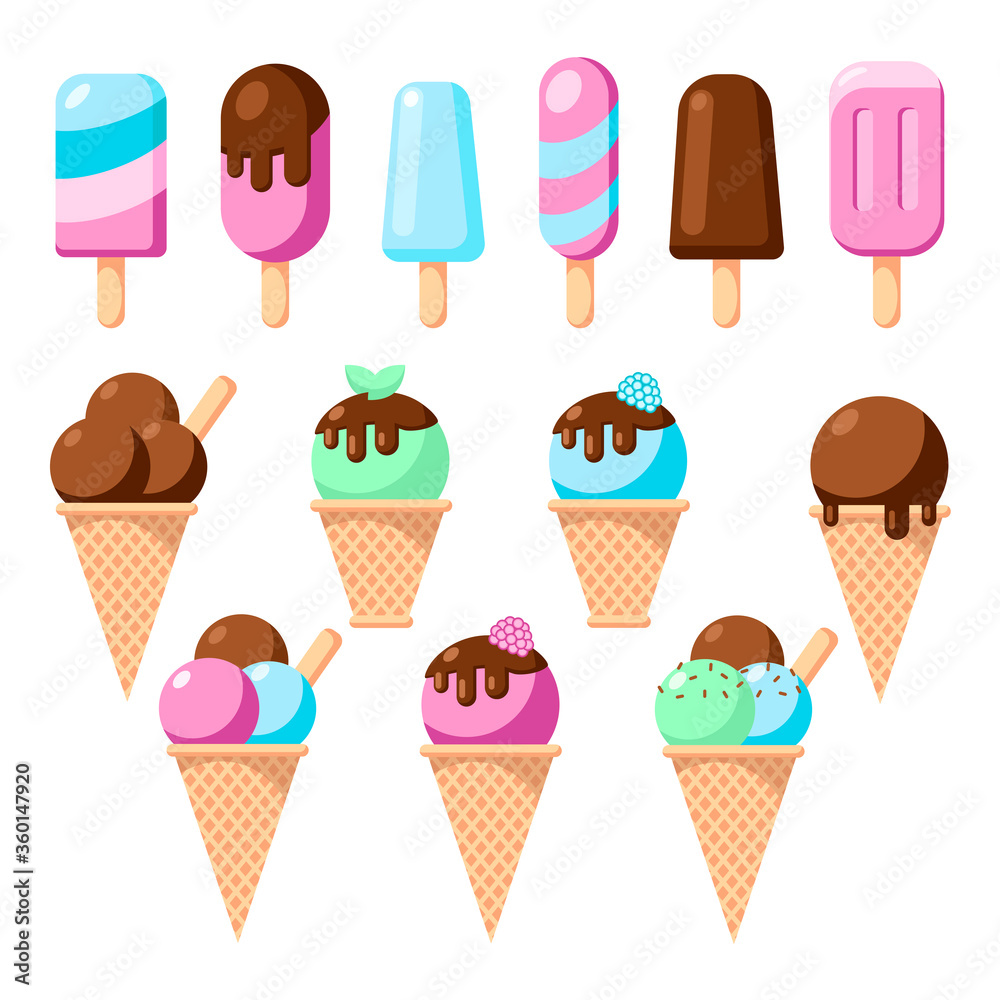 Ice cream cones with different topping vector set collection isolated on white background. Hand drawn colorful summer dessert set. illustration in fllat style. Design for banner,card, cafe, menu Ice cream cones with different topping vector set collection isolated on white background. Hand drawn colorful summer dessert set. illustration in fllat style. Design for banner,card, cafe, menu