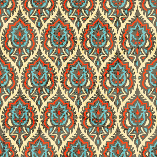 Ogee seamless pattern. Bohemian wavy print for textiles. Red, gray, blue and beige colors. Grunge texture. Vector illustration.