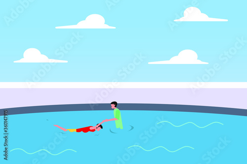 Father's Day vector concept: father teaching his son swimming at the pool