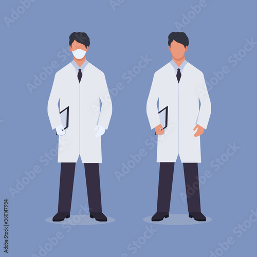 Vector set of doctors in mask and gloves on an isolated blue background. Health and medical concept. Doctor and assistant for application and web site design. Stock graphics, flat style.