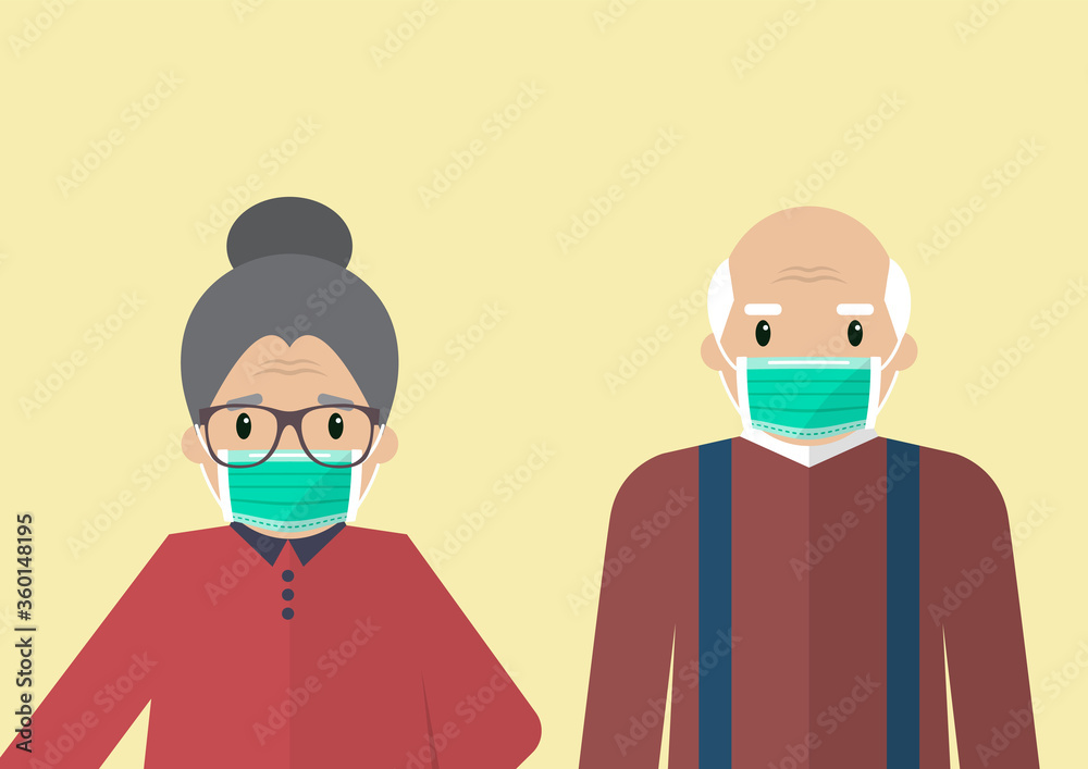 Senior man and woman wearing medical masks